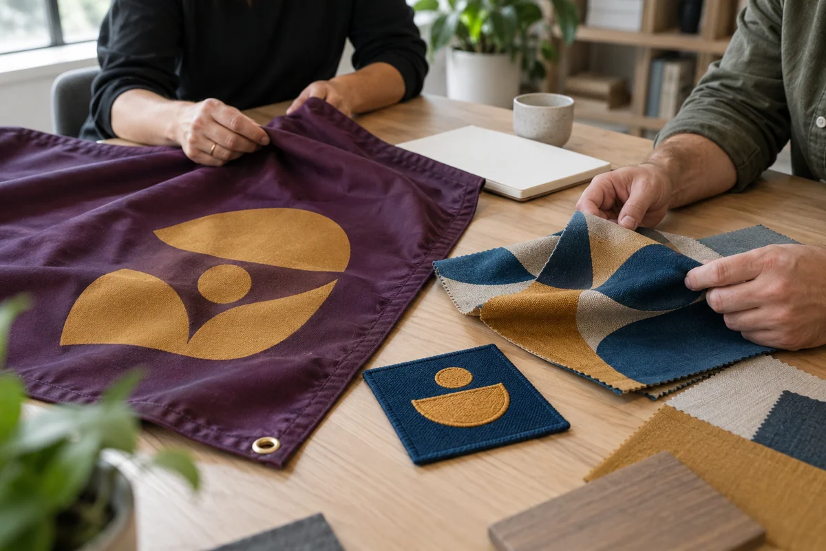 Hands comparing company flag fabric, an embroidered crest patch and printed textile samples