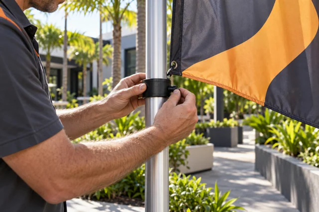 Technician inspecting a rotating collar beside an amber and charcoal custom flag