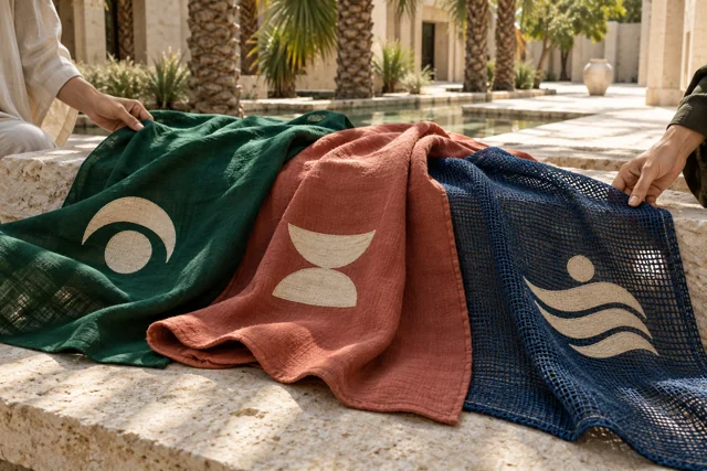 Hands comparing emerald, coral and indigo flag cloth in a shaded courtyard
