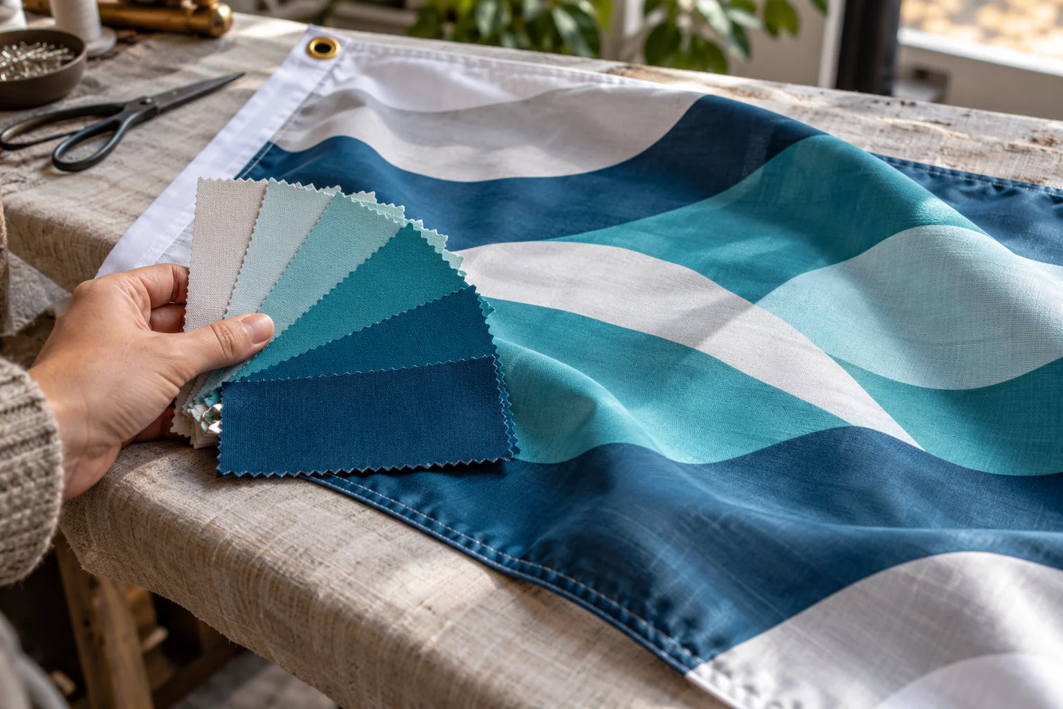 Textile colour swatches compared against a cyan printed flag
