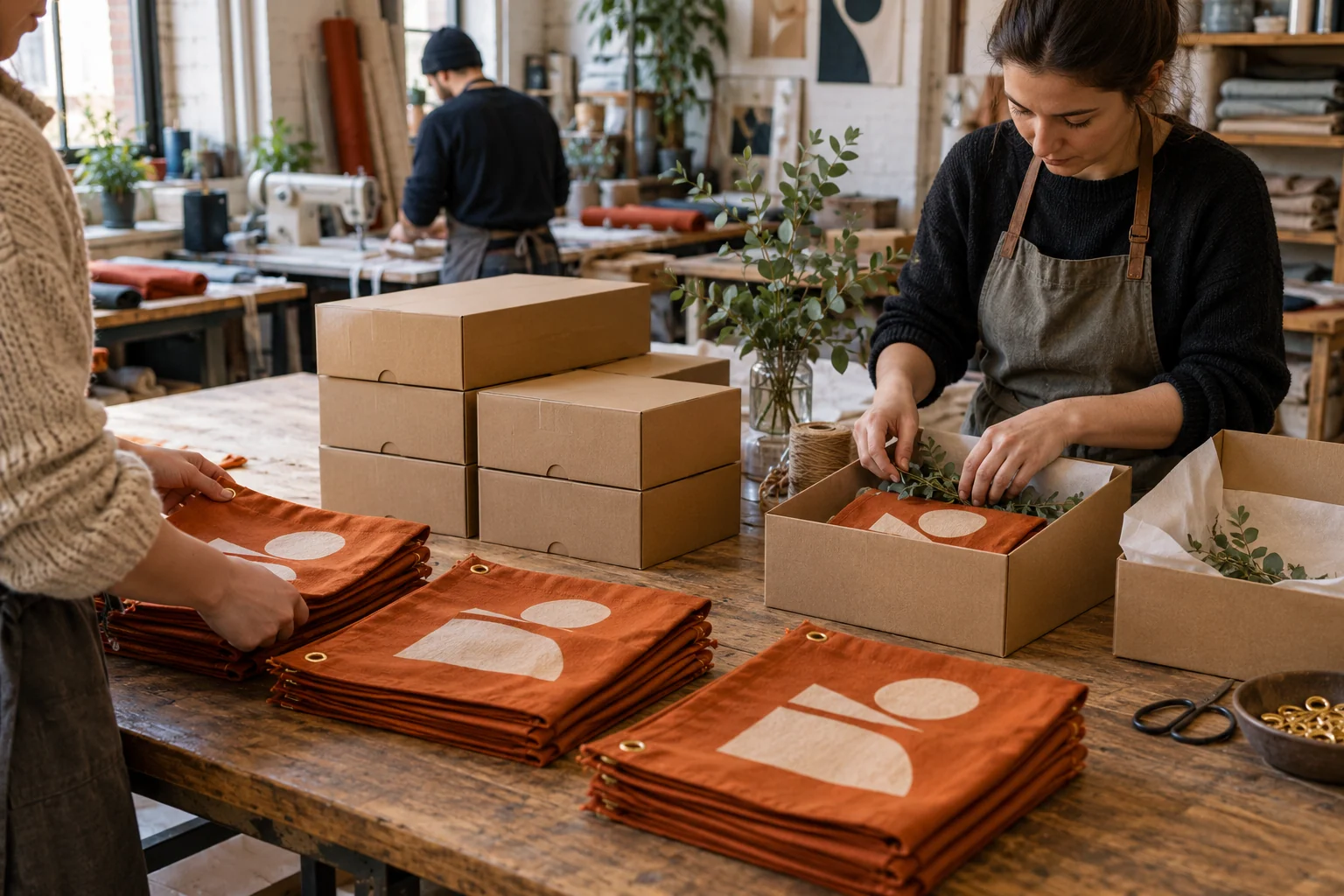 Orange company flag sets being packed into separate branch cartons