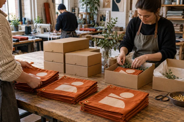Orange company flag sets being packed into separate branch cartons