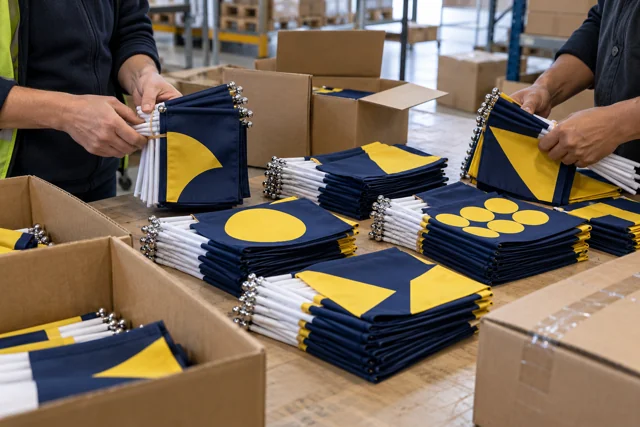 Workers counting bundles of navy and yellow company flags on a packing table