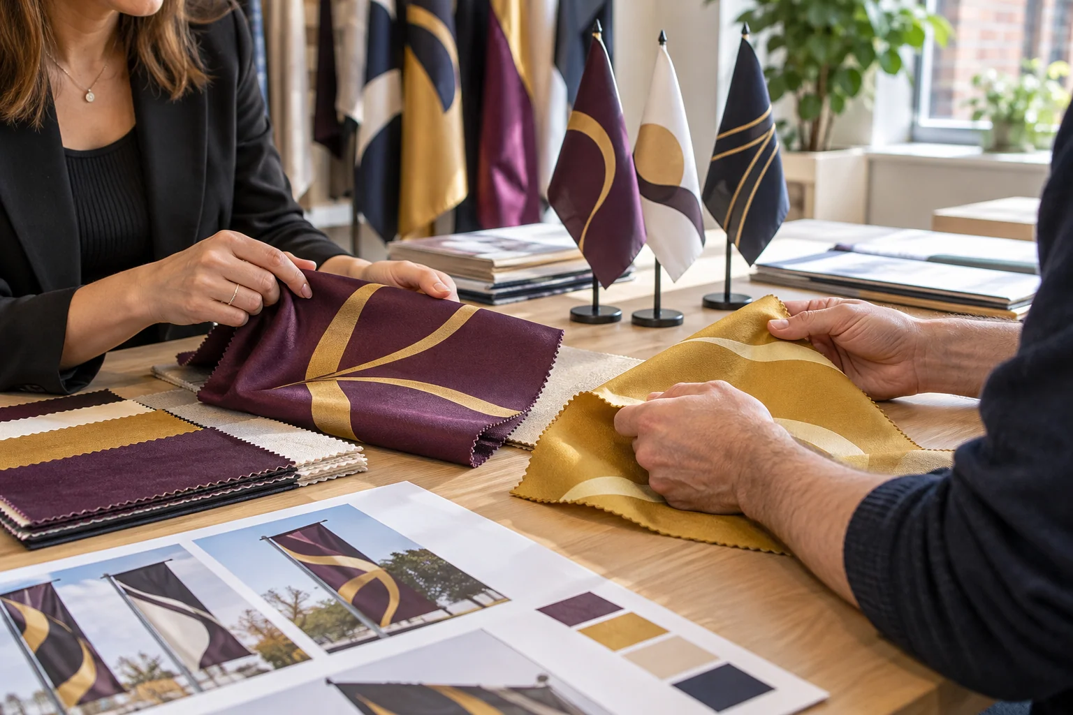 Customer and adviser comparing aubergine and gold fabric flag samples