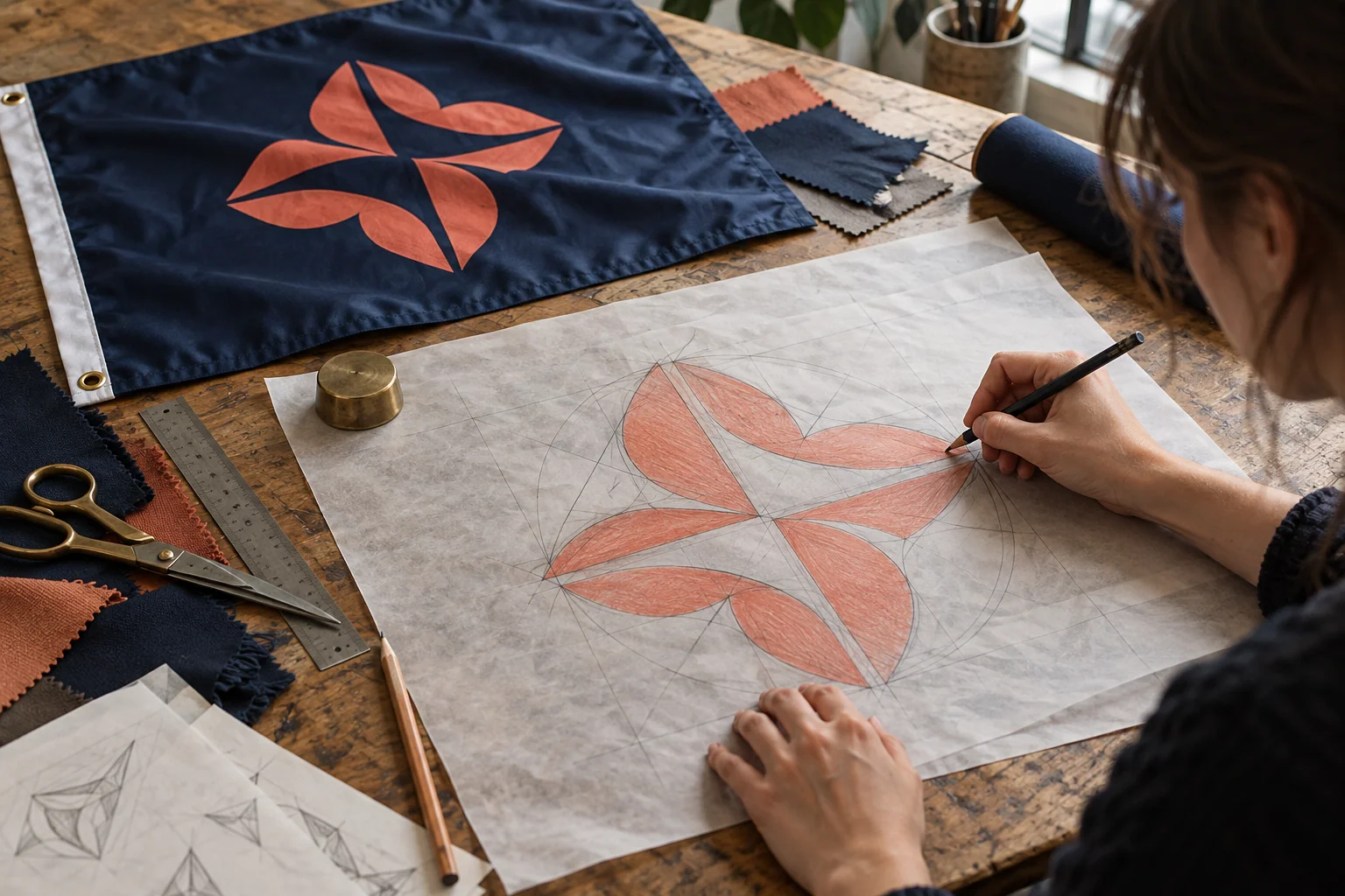 Designer developing a coral company emblem beside a navy flag sample