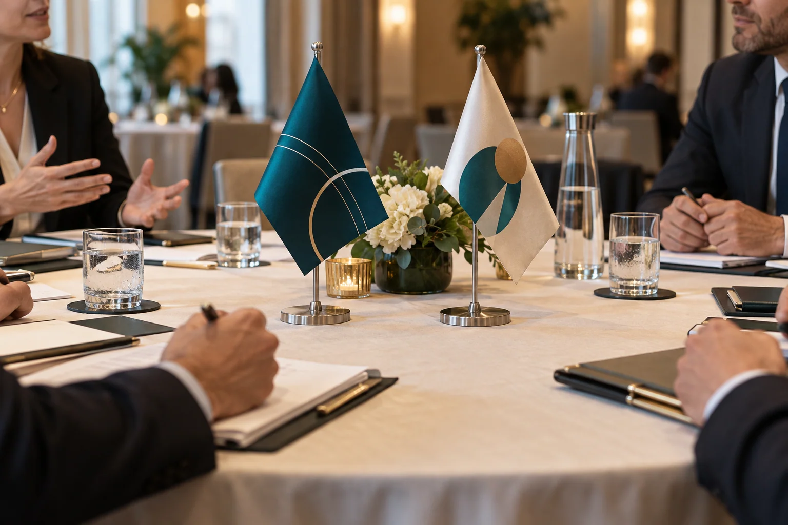 Teal and champagne company table pennants on a corporate conference table