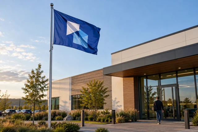 Cobalt corporate flag flying outside a low modern office building