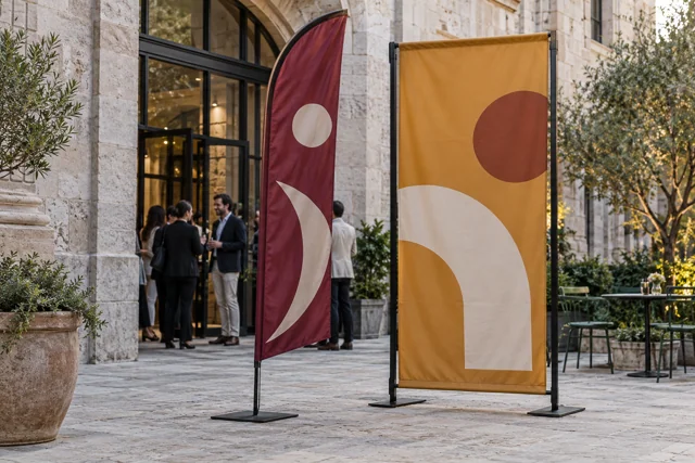 Burgundy company flag and ochre fabric banner in a courtyard