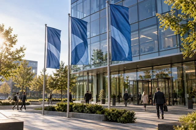 Sapphire company flags outside glass-fronted office headquarters