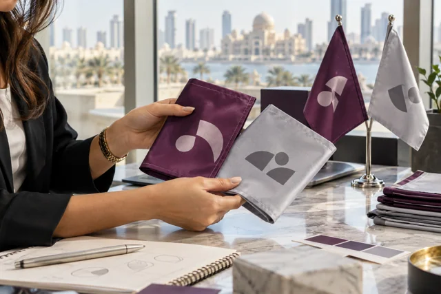 Hands comparing plum company flag samples with print artwork