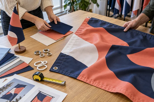 Hands comparing a coral and navy flag, fabric swatches and attachment accessories
