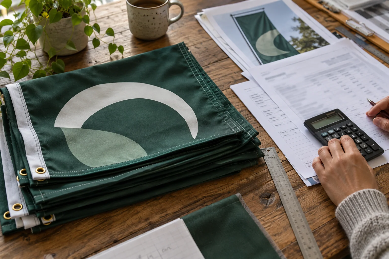 Folded green custom flags beside measuring tools and quotation notes