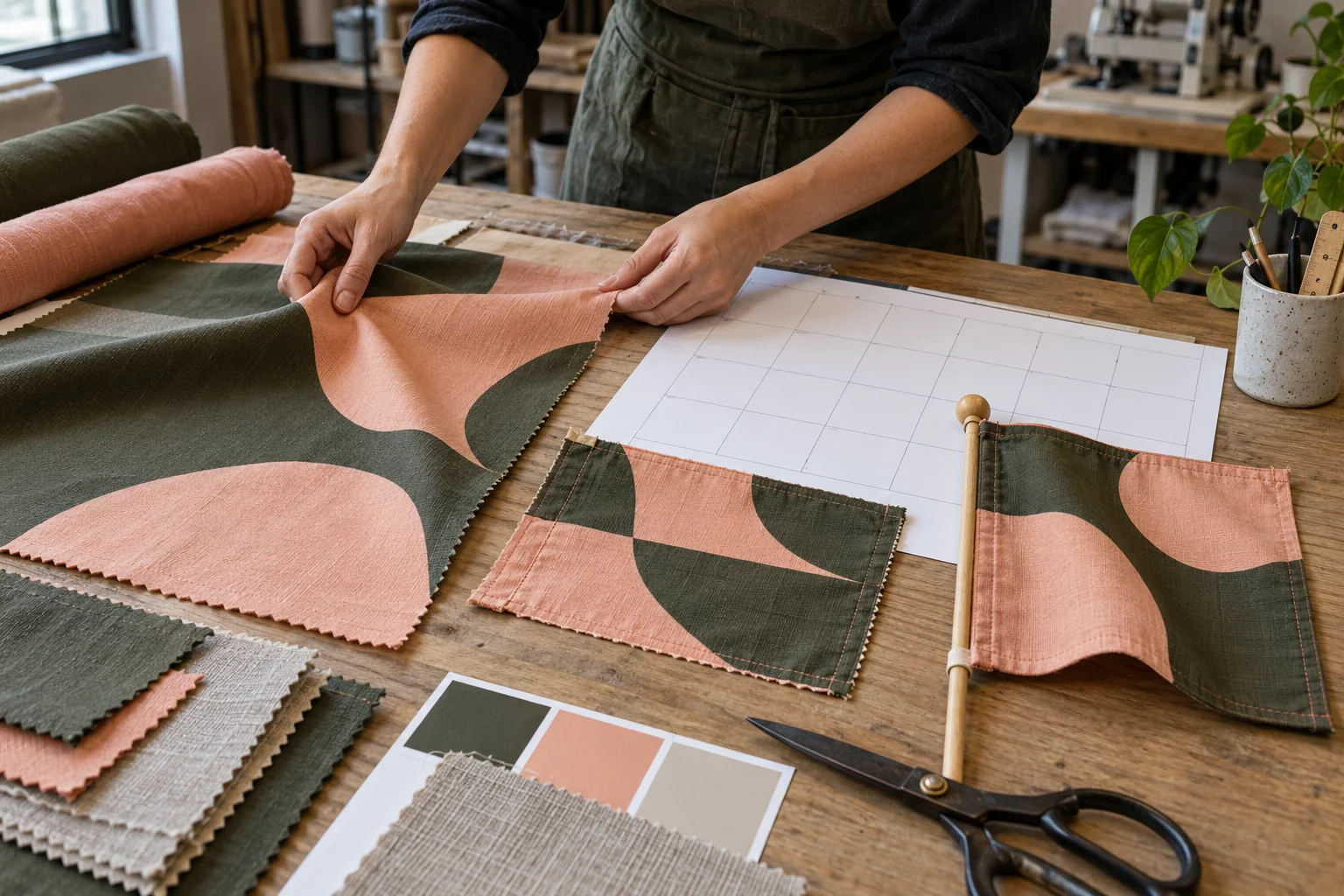 Hands arranging a peach and olive fabric proof and sample beside a planning calendar