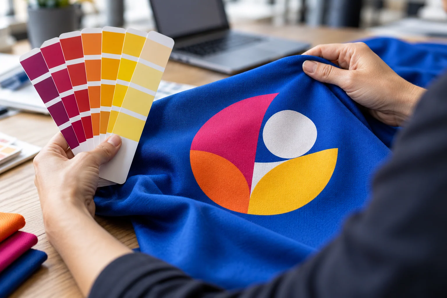 Hands comparing a full-colour geometric flag emblem with physical colour swatches