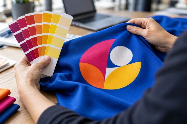 Hands comparing a full-colour geometric flag emblem with physical colour swatches