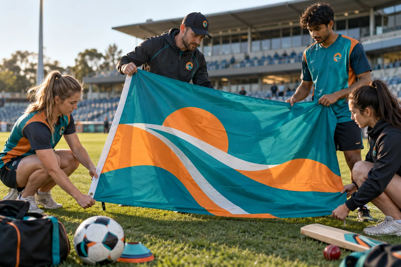 Coach hands unfolding a turquoise and orange club flag beside sports equipment