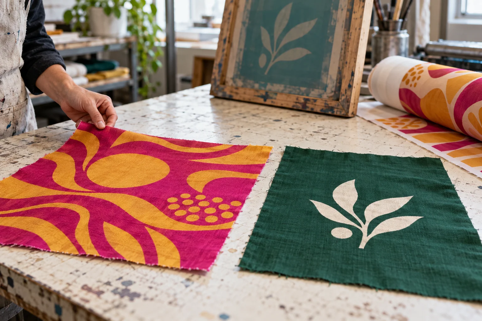 Printed flag samples beside a screen frame and a transfer-paper roll