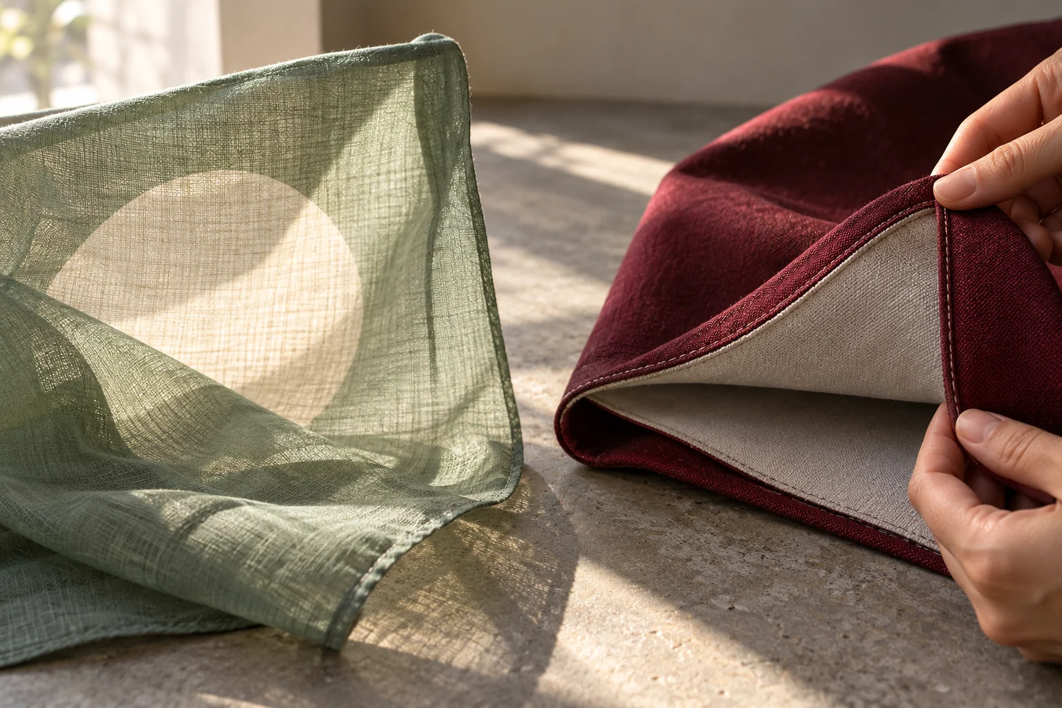 Single-layer and sewn two-face flag samples on a studio bench