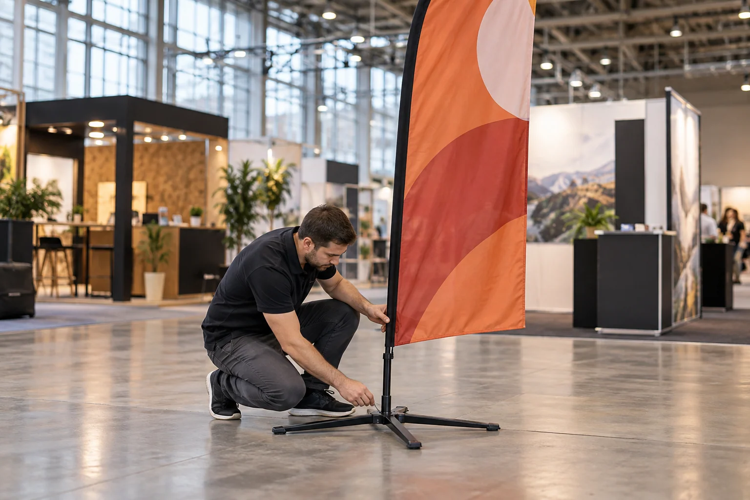Exhibition worker checking a feather flag base in a convention hall