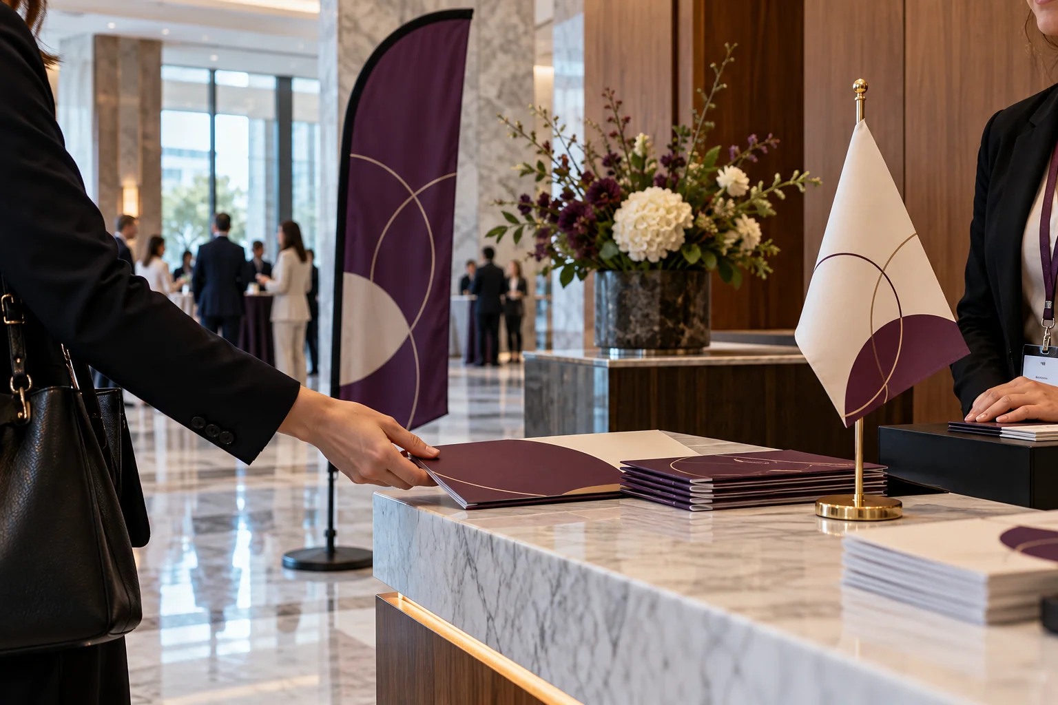 A plum curved flag and ivory table pennant in a conference foyer
