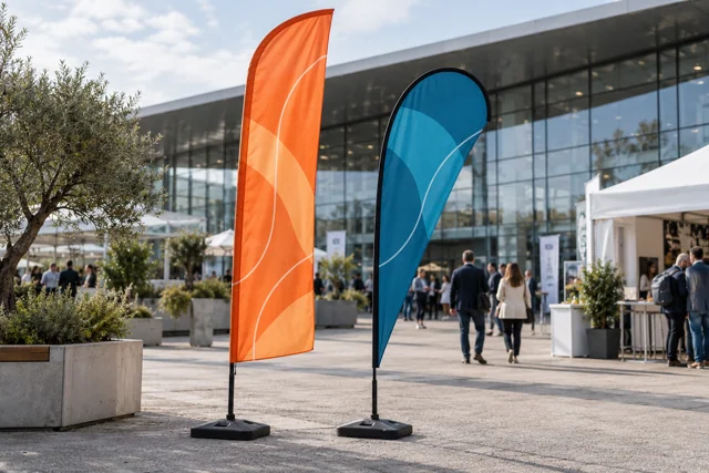 Orange feather flag beside a petrol-blue teardrop display
