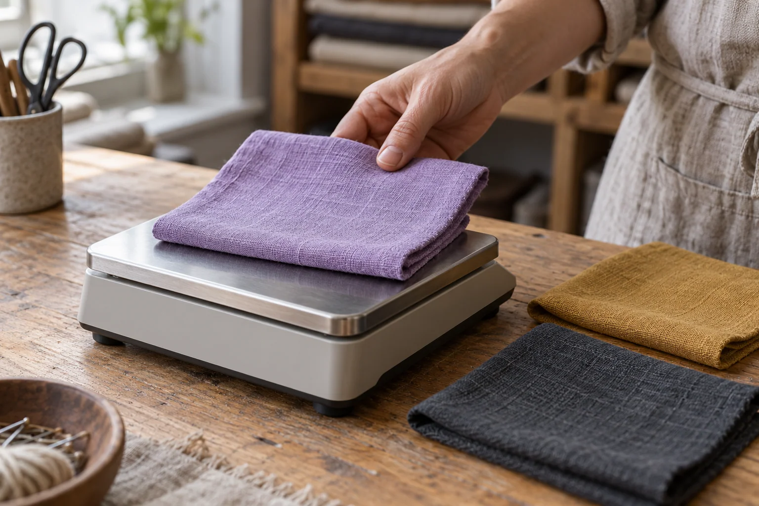 A lavender textile sample on a workshop scale beside other flag cloth