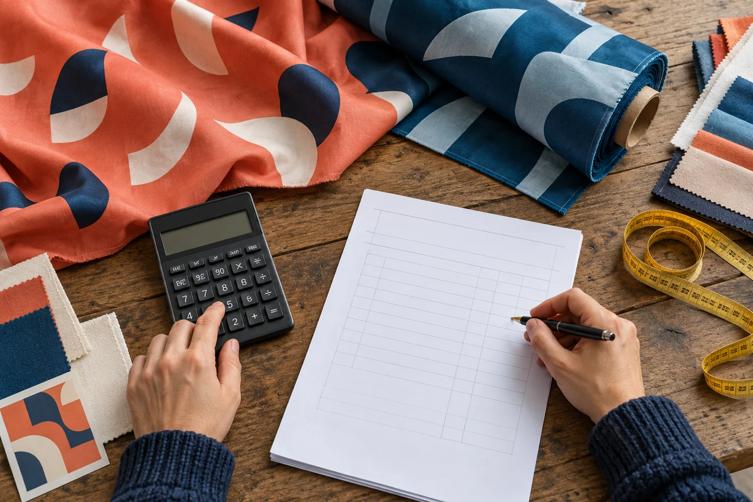 Hands using a calculator beside coral and blue flag fabric and a blank quotation