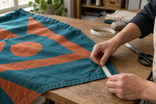 Hands measuring a small tear near the edge of a teal and russet flag