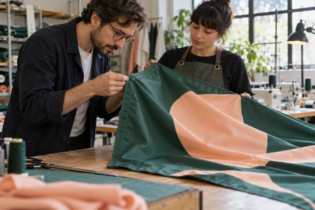 Buyer inspecting green and peach flag stitching with a workshop adviser