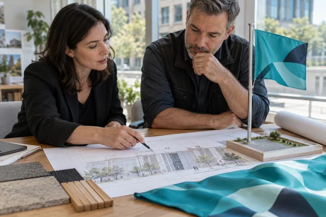 Building elevation drawing and scale flagpole model on a planning desk