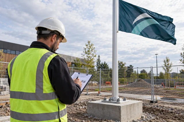 Site supervisor reviewing a commercial flagpole location at ground level
