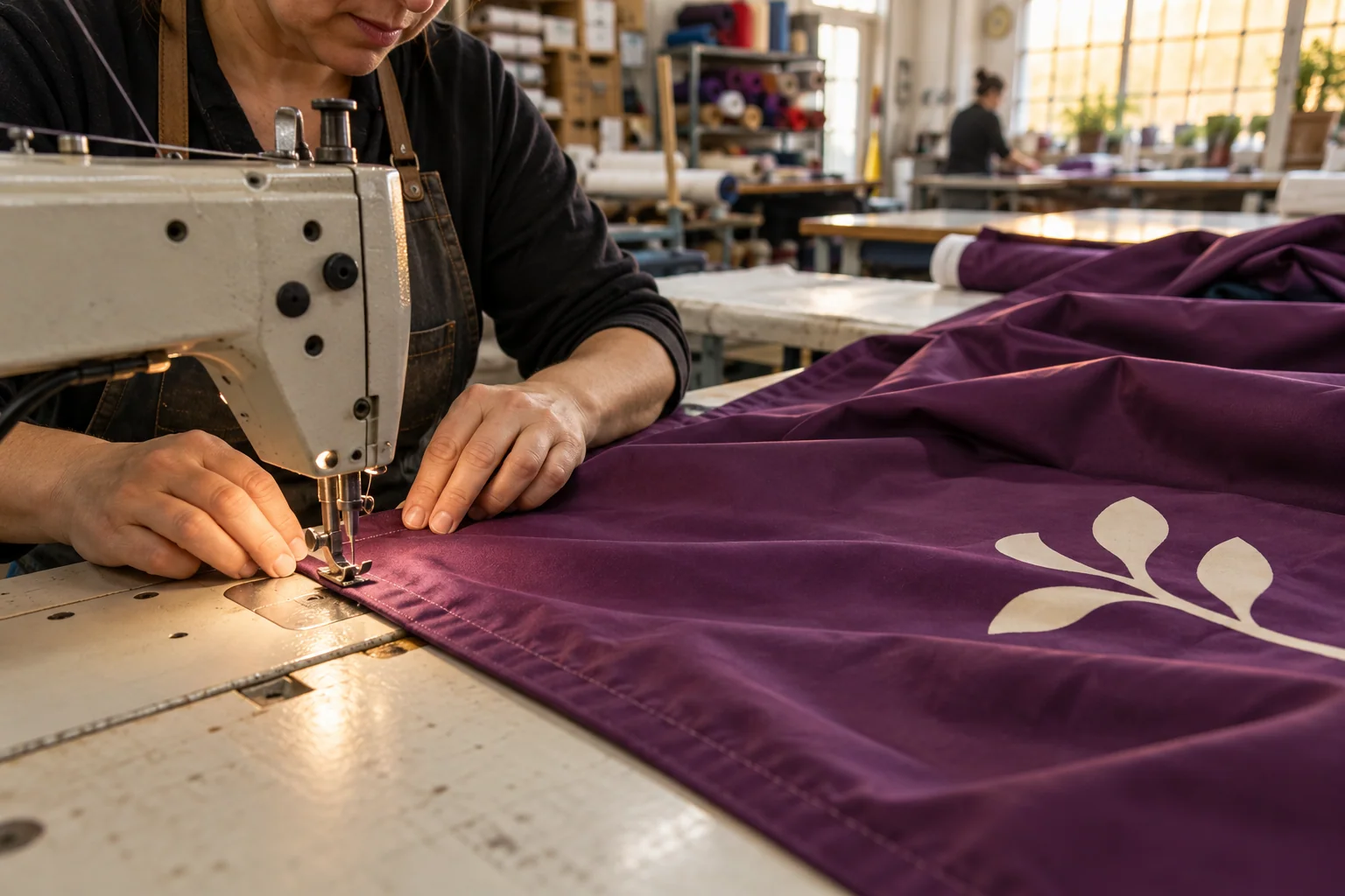 Tailor guiding a plum flag hem through an industrial sewing machine