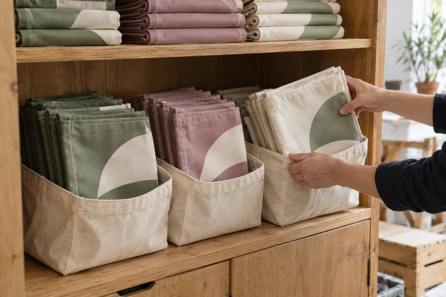 Hands placing folded sage and mauve company flags in a wooden storage cupboard