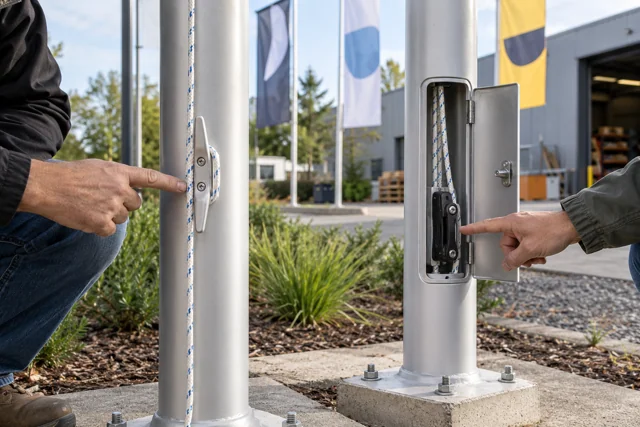 External rope cleat and internal halyard access on flagpole samples