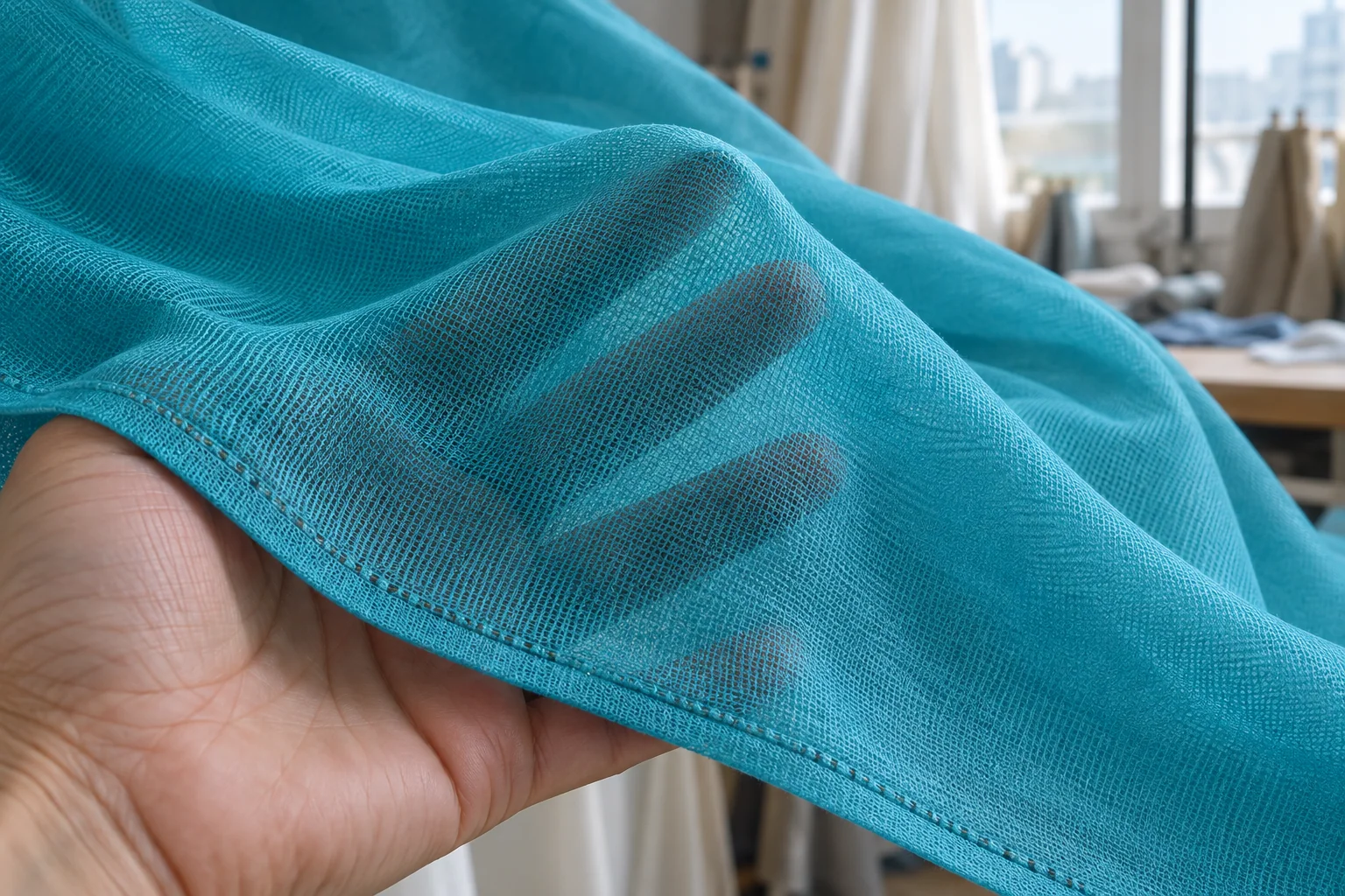 Turquoise knitted flag cloth showing fine loops and a stitched hem