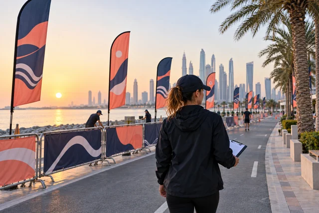 Coral and navy feather flags beside an empty coastal running-event route