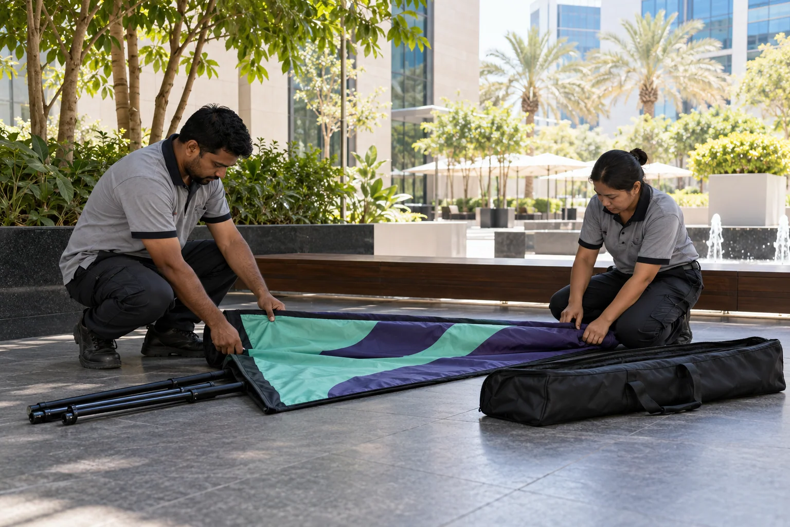 Maintenance staff packing a mint and violet portable flag in a shaded courtyard