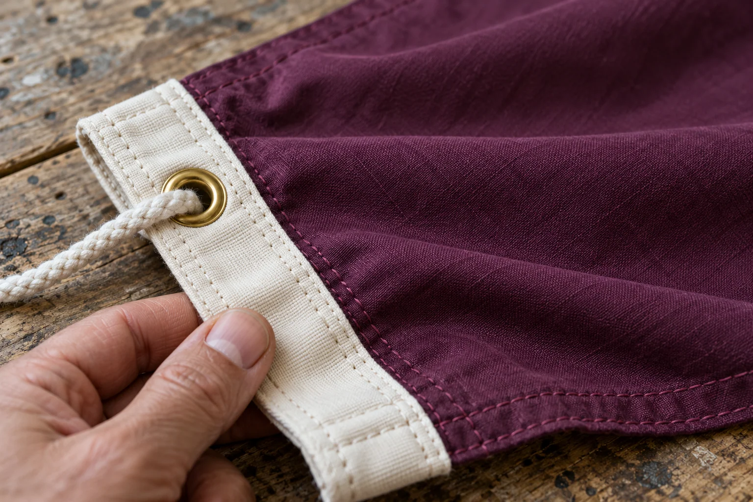 Close view of a reinforced flag header with brass eyelet and cord