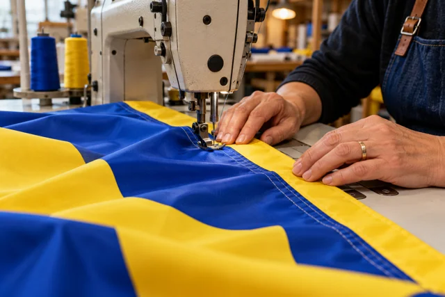 Hands sewing a reinforced hem on cobalt and yellow flag fabric