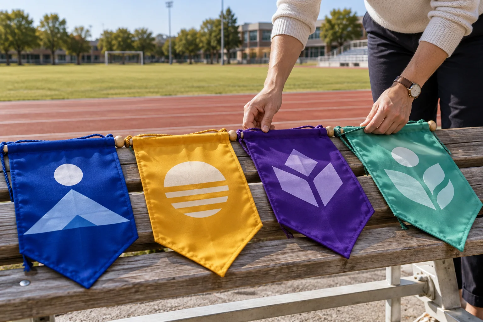 Teacher hands sorting four colourful house pennants beside a school athletics field