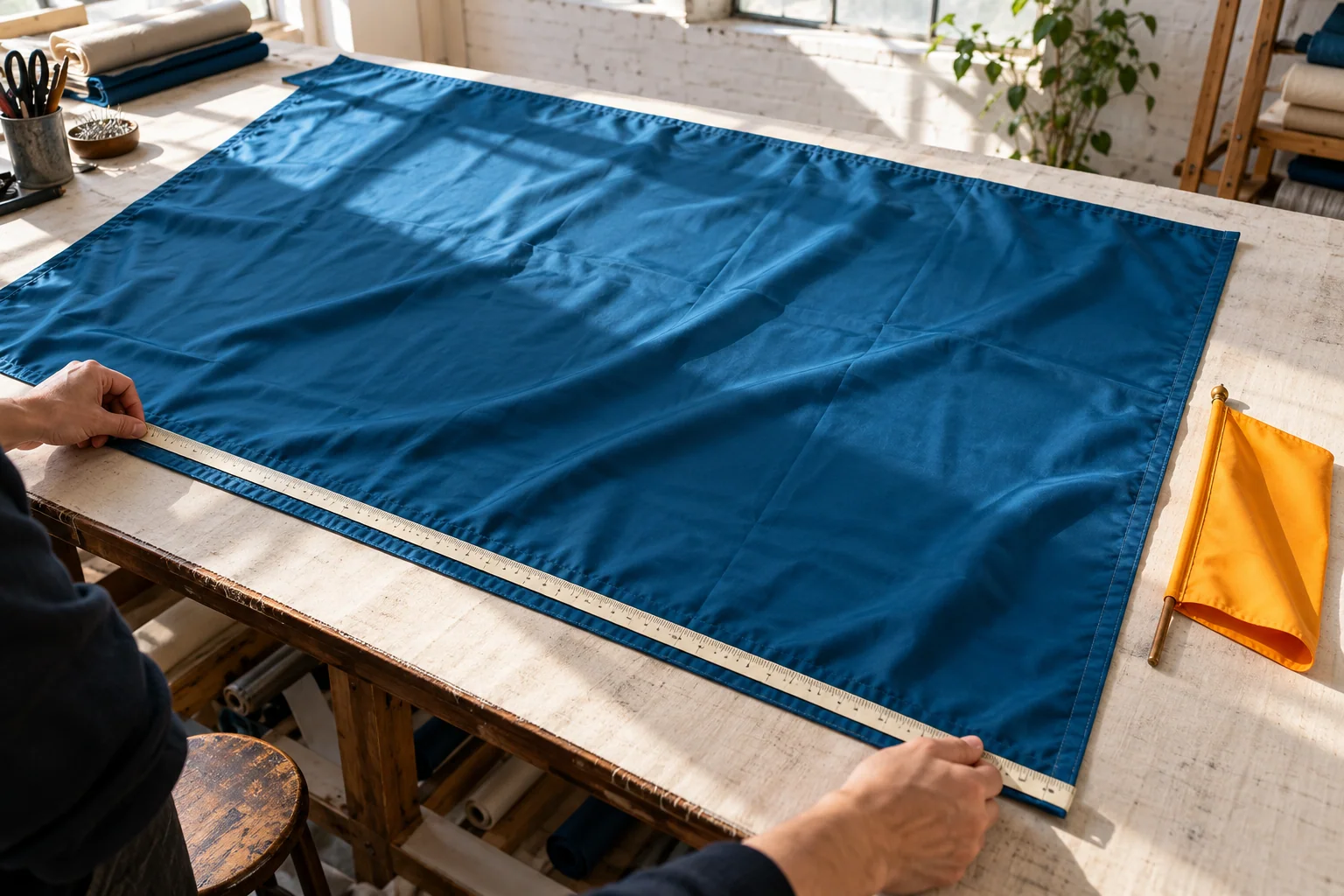Hands measuring a large blue flag beside a smaller ochre desk flag