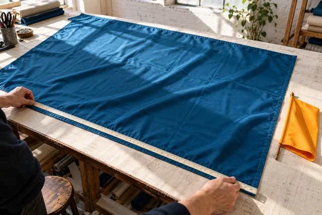 Hands measuring a large blue flag beside a smaller ochre desk flag