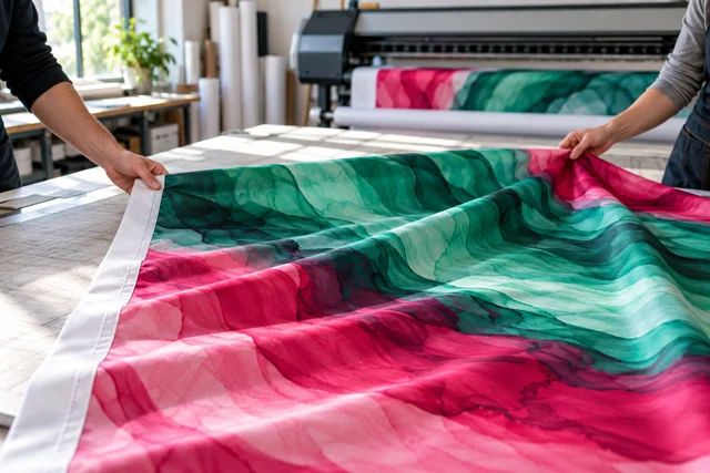 Hands unfolding a vivid jade and raspberry printed polyester flag