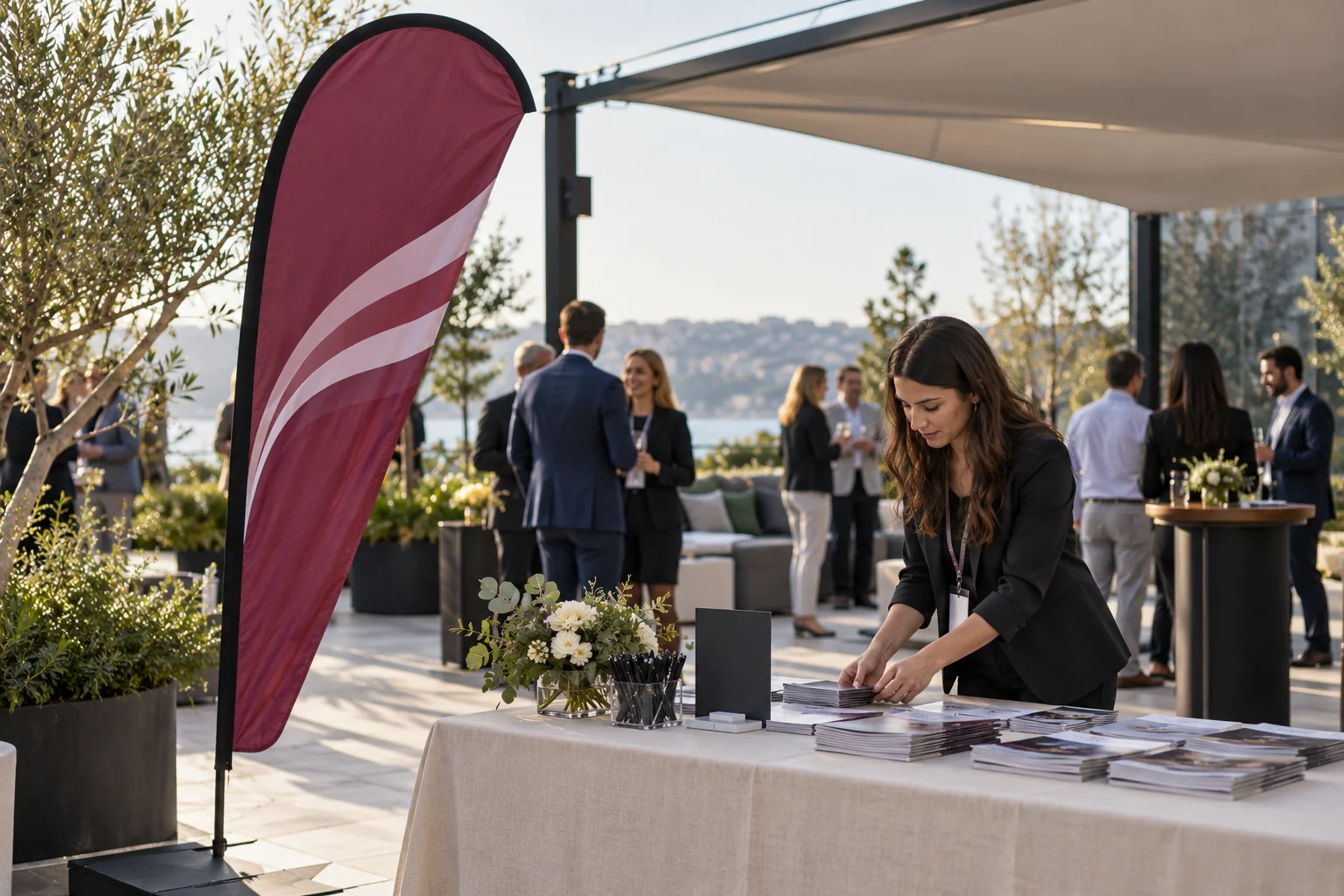 Burgundy teardrop flag beside an outdoor event registration table