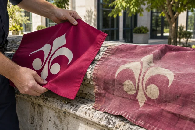 Hands comparing fresh and sun-faded magenta flag fabric in a courtyard