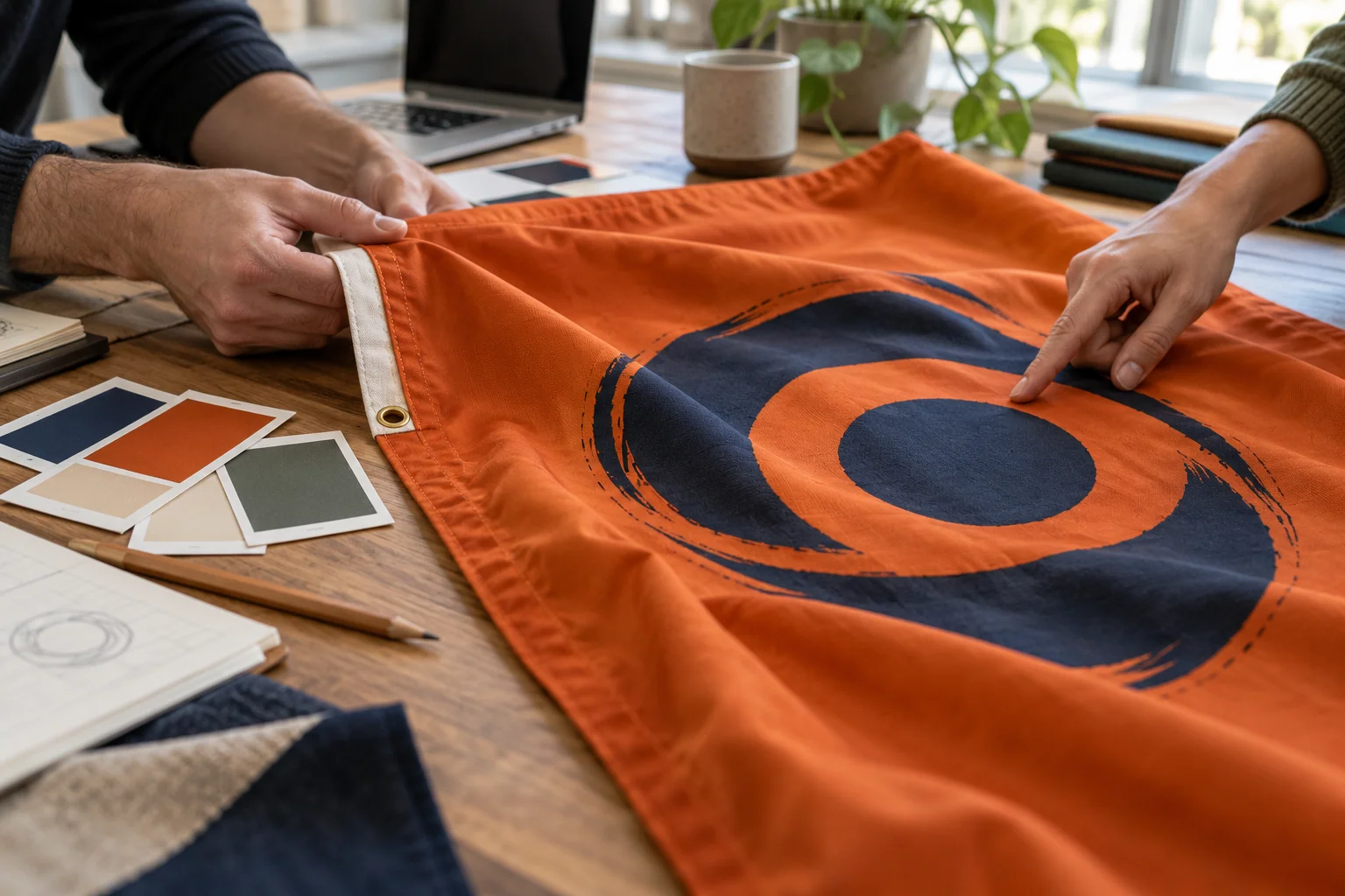 Designer and customer reviewing a burnt-orange custom flag sample