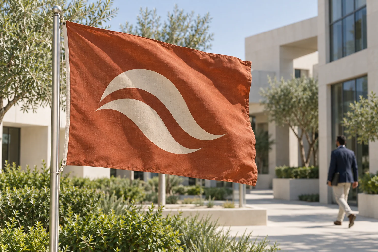 Terracotta company flag flying in a modern office courtyard