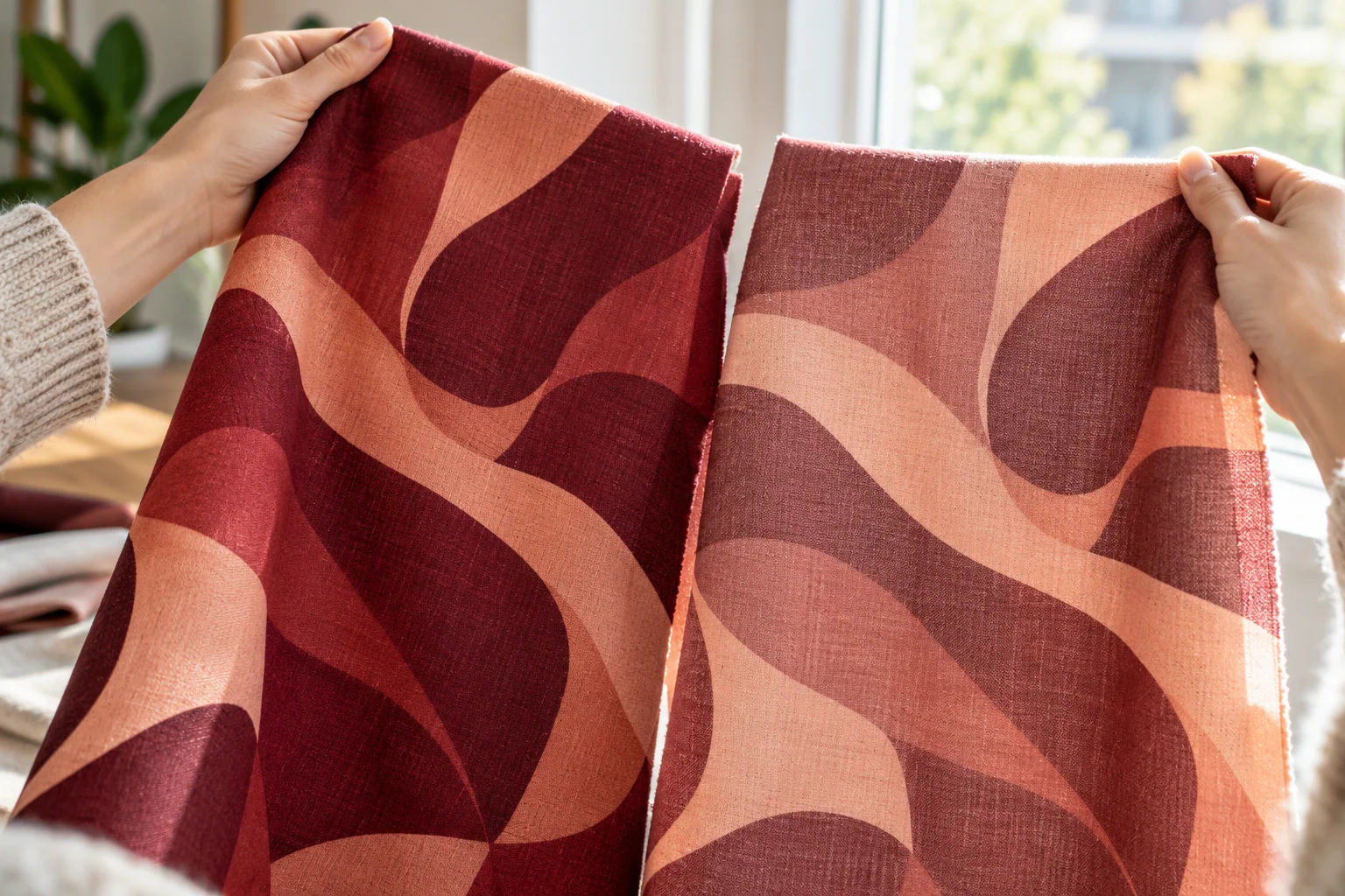 Two burgundy and peach fabric panels compared beside a daylight window