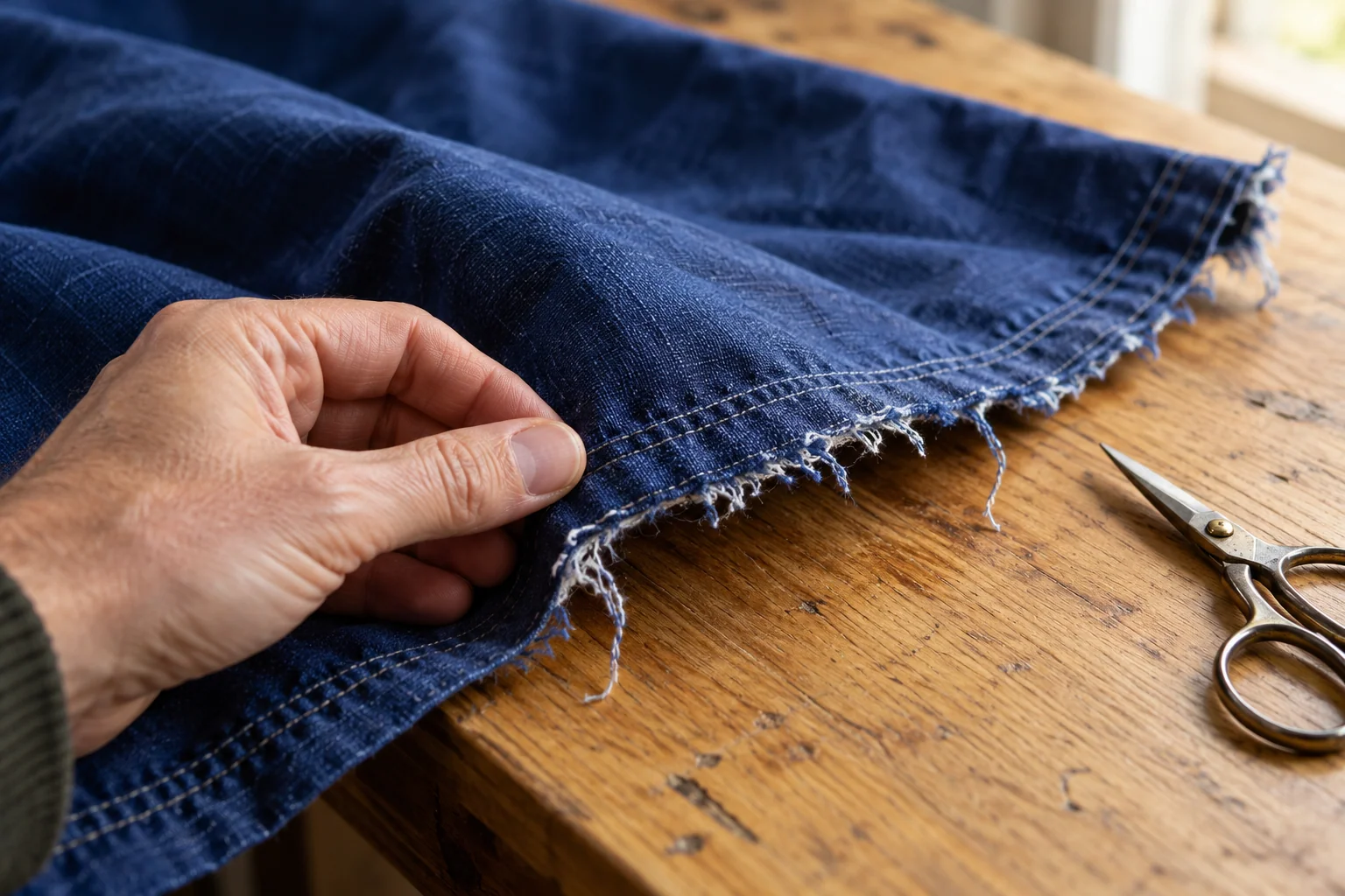 Hand inspecting the stitched fly edge of an indigo company flag