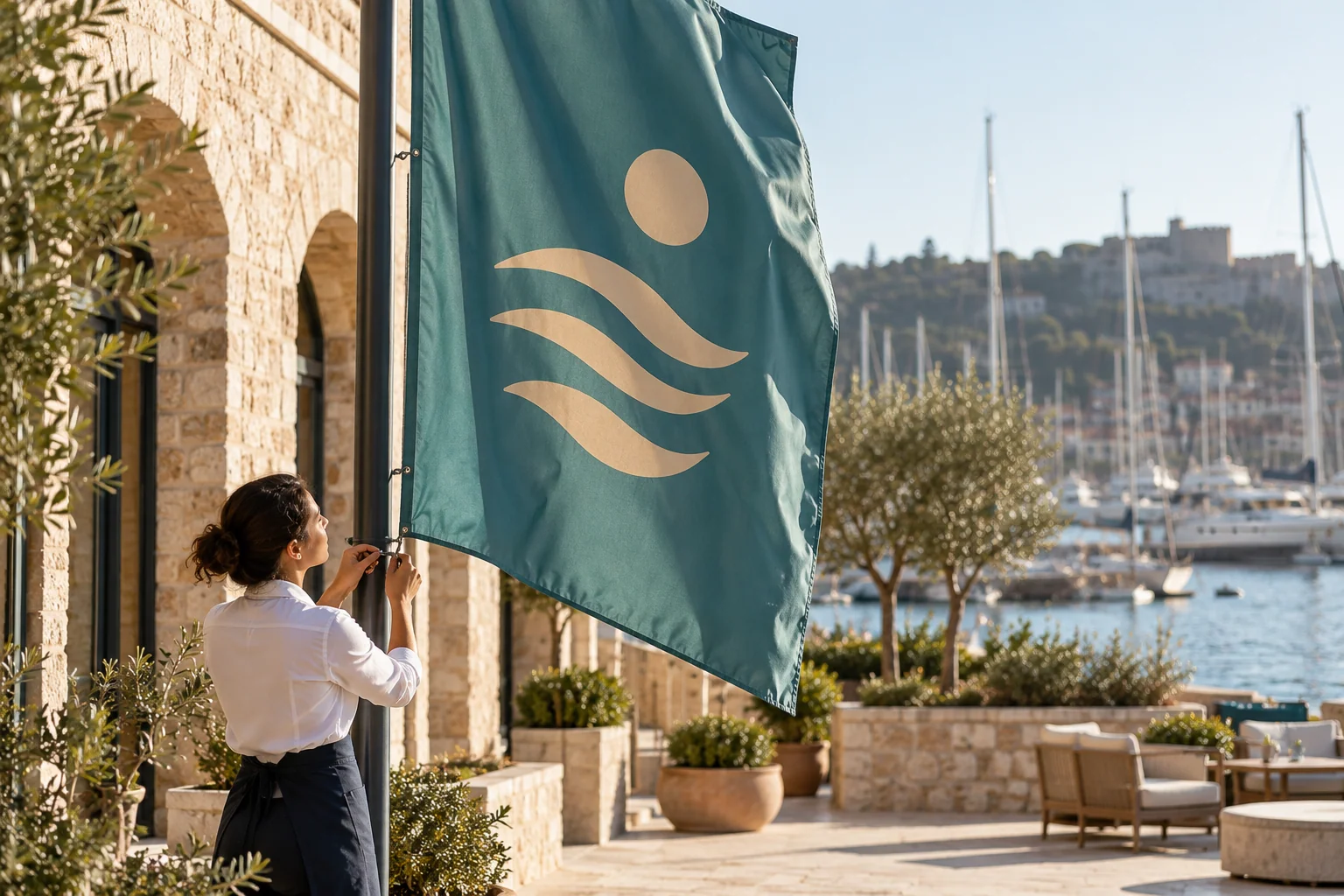Sea-green company flag being inspected beside a sheltered coastal courtyard